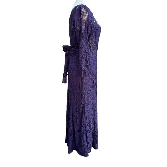 Adrianna Papell Womens Glam Purple Illusion Lace Beaded Waist Long Sleeve Gown - Picture 12 of 15
